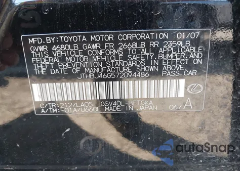 2007 Lexus Es 350 z USA, uszkodzony, nr VIN JTHBJ46G572094486